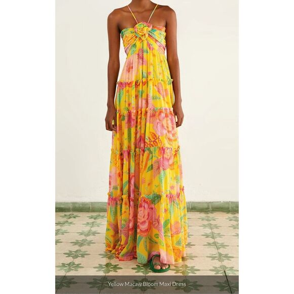 🌞 Farm Rio Yellow Macaw Bloom Maxi Dress 🦜 Size Medium – Sold Out Online - Picture 2 of 16